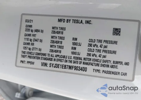 2021 Tesla Model 3 Long Range Dual Motor All-Wheel Drive из США, поврежденный, VIN 5YJ3E1EB7MF903400